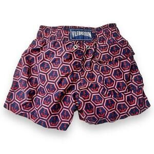 Vilebrequin Moorea Anchor Swim Trunks Boys Size 2 Red Navy Blue Anchor Print